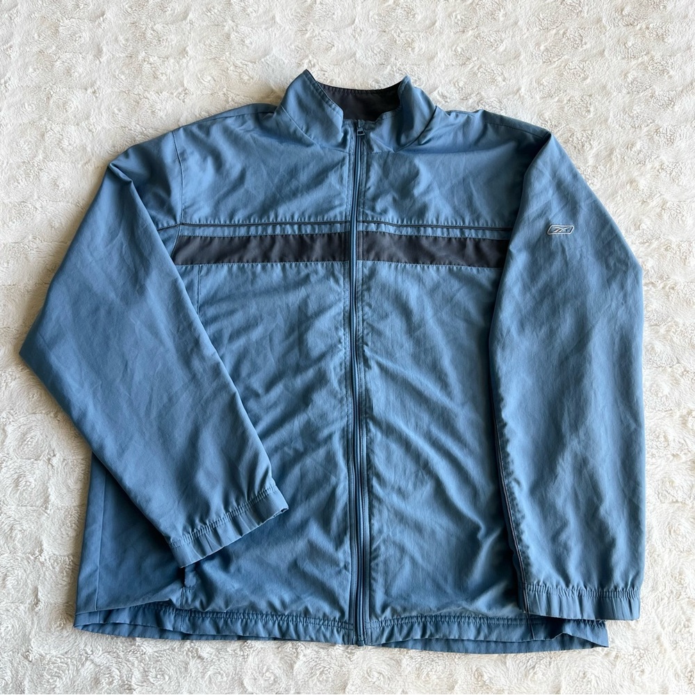Vintage Reebok Track Jacket Mens XL Blue Gray Track Windbreaker Full Zip Striped